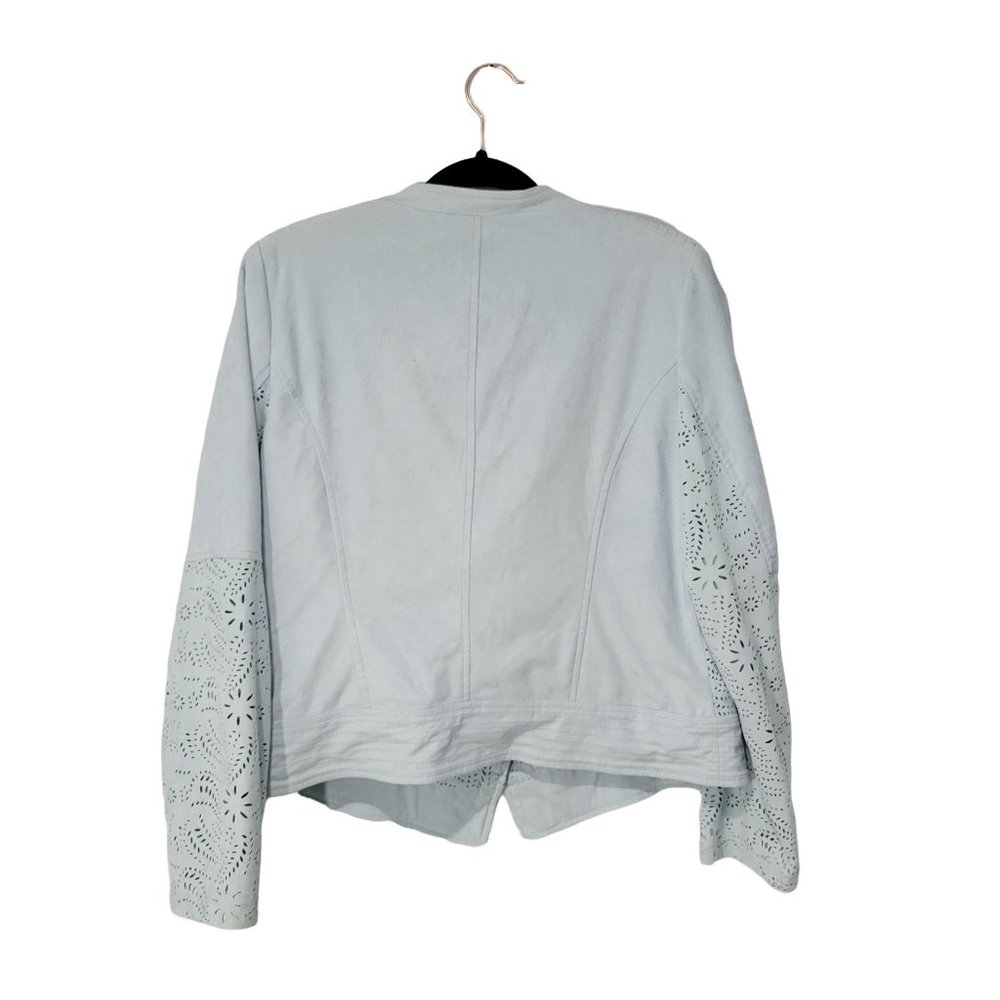 Chico's Women's Biker Jacket Color Light Blue Laser cut details Sz 1 - Picture 4 of 8